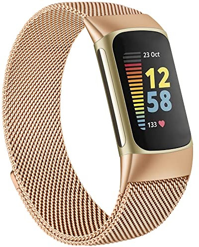 Metal Strap Compatible with Fitbit Charge 5 Strap for Women Men, Adjustable Stainless Steel Mesh Loop Replacement band with Magnetic clasp for Fitbit Charge 5 (Rose Gold)