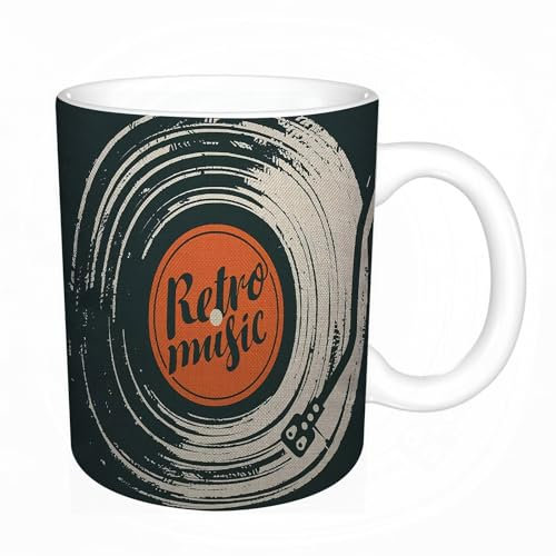 KDWJS Tasse Keramik Kaffeetassen Große 11oz Tassen 330ml Trinkgläser Mit Griff Personalisierte Geschenk Weiß,Musikplakat im Retro-Stil in Form eines abgenutzten schwarzen Covers mit altem Schallplatt