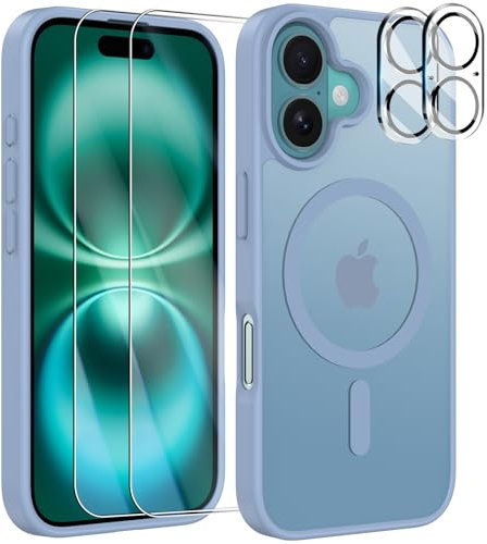 YisrLery 5-in-1 Kompatibel mit iPhone 16 Hülle für Mag Safe mit 2 Stück Schutzfolie und 2 Stück Kameraschutz Militärnorm Schutz, PC Kratzresistente Rückseite Stoßfest Magnetische Hülle 6.1- Hellblau