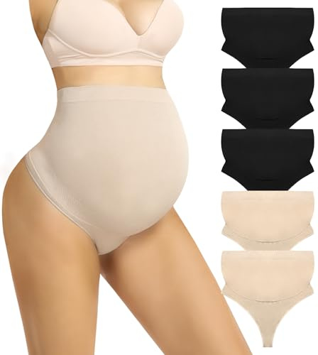 Boguish Lot de 5 Strings de maternité pour Femme, sous-vêtements Gainants de Grossesse, Soutien du Ventre, Culottes sans Couture pour Femmes Enceintes, Noir/Chair, Large