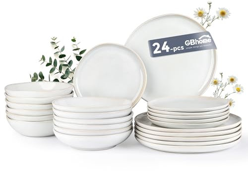 GBhome Steingut Geschirrset 6 Personen, 24-tlg Reaktive Glasur Handarbeit Geschirr Set, Mikrowellen- & Spülmaschinenfest Schüssel- und Teller Set, Beige