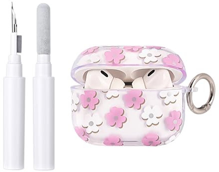Reownest Hülle für AirPods Pro 2. / 1. Generation mit Reinigungsset, Süßes Transparentes Floral Blumenmuster, Stoßfest mit Schlüsselanhänger für AirPods – Rosa