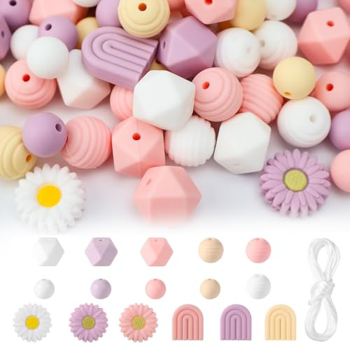 QGGTQG Lot de 110 perles en silicone en forme de fleur en forme de marguerite | Perles rondes en silicone 4 couleurs avec corde en nylon pour porte-clés, colliers, bracelets (rose)