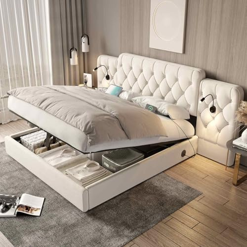 YEHTOKHOME Lit Double Moderne rembourré avec liseuse et Port USB, Multifonctionnel lit hydraulique avec Espace de Rangement et sommier à Lattes,Velours(sans Matelas) (Beige 2, 180x200cm)