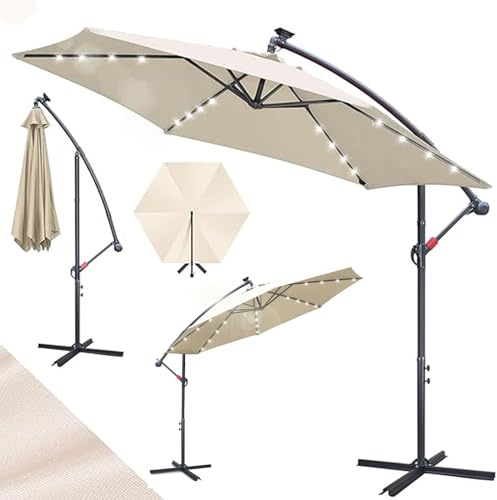 Hebitod Sonnenschirm LED Solar Ø 350 cm Beige mit Kurbel| Alu Ampelschirm mit Ständer | Gartenschirm Sonnenschutz UV-Schutz Eisen | Kurbelschirm Marktschirm wasserdicht für Garten