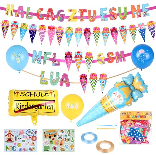 Einschulung Schulanfang Schuleinführung Deko, Alles Gute zum Schulanfang Girlande, Zuckertüte Banner und Folienballon, Schulkind Luftballons mit 3 Blätter Aufkleber