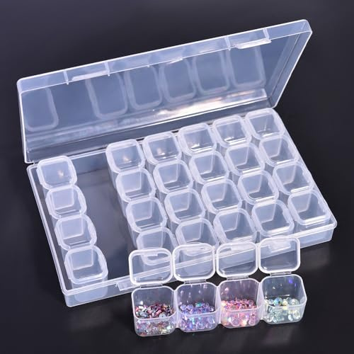 KAZIPOP 28 Grids Diamond Paint Storage Boxes Plastic Nail Art Decorations Container Bead Storage Box Rhinestone Organizer Container Case Detachable Display Tray (Clear)