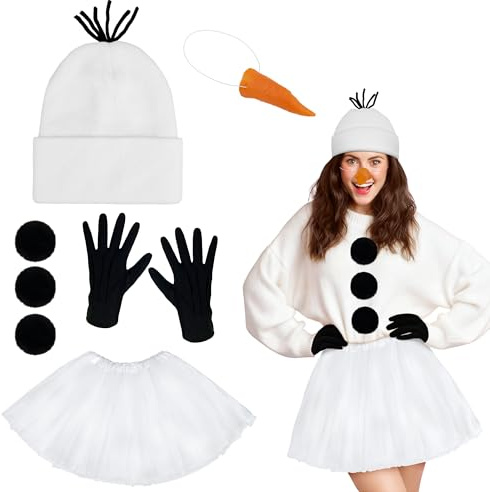 Ueyben Schneemann Kostüm Set,Weihnachtskostüm mit Schneemann hut Tutu Handschuhe Karotten Requisiten Nase Drei schwarze Kunstfellbälle für Frauen Weihnachten Halloween Karneval