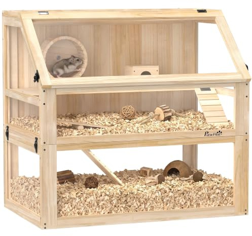 PawHut Wooden Hamster Cage 3 Tier Natural Wood Finish | Small Gerbil Cage, Detachable 31cm Deep Bottom, Hut, Seesaw, Exercise Wheel, Ramps