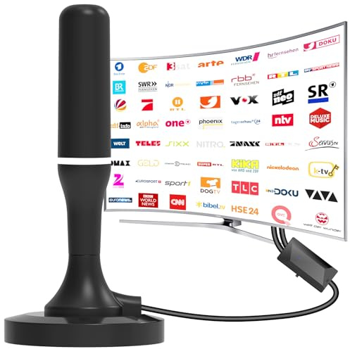 Antenne TV Intérieur Puissante TNT, 2026 Antenne TNT avec Amplificateur de Signal à Gain Élevé, Réception Longue Portée à 360° pour 1080P 4K DVB-T DVB-T2 VHF UHF