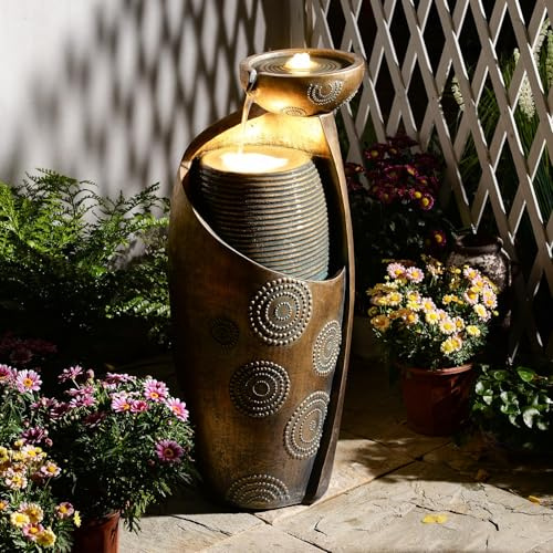 Sunlinua Vasenförmiger Gartenbrunnen für Außen, 81 cm hoher Krug-Wasserfall mit Warmer LED-Beleuchtung und langlebiger Pumpe, für Garten, Terrasse, Veranda, Wohnraum und Büro (Gold)