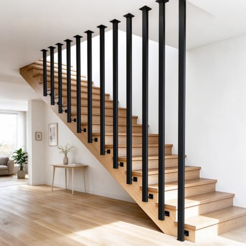 OVLRIJP Treppengeländer Innen Schwarz, Metall Geländer Treppe, Geländerpfosten, Geländer Innen, Handlauf Treppenhandlauf für Villen, Dachböden, Flure, Balkone (120cm)