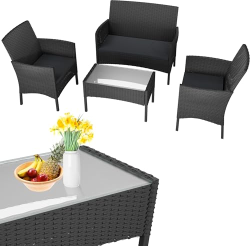 PEILU 4-Teilig Polyrattan Loungeset Wetterfeste Gartenmöbel Set inkl. Sofas, Couchtisch & Sitzkissen, Frei Kombinierbare Sitzgruppe, Unterhaltungssets für Terrasse Balkon Wintergarten (Beige Glas)