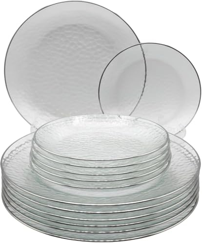 Luxia 20Pcs Elegant Durable Clear Hammered Plastic Plates with Silver Edge –10 Dinner Plastic Plates and 10 Dessert Plates Set Reusable Dinner Plates – Stylish Partyware Tableware for Party & Event