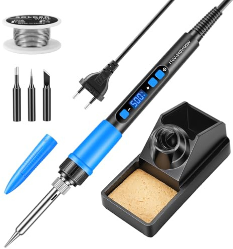 BOSYTRO Kit Saldatore, Saldatore 90w Alta Efficienza, Regolaz. Temp. Lcd 180-500℃. Dotato Di 3 Punte, Filo Di Stagno, Supporto, Copertura Protettiva & Modalità Sospensione Auto (Blu)