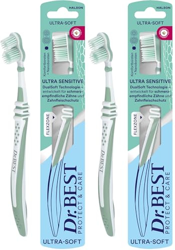 Dr.BEST Ultra Sensitive Zahnbürste, Ultra-Soft (1 Stück), mit DualSoft Technologie: spezielle Kombination aus ultra-sanften Nanoborsten und hauchfeinen Komfortborsten für schmerzempfindliche Zähne.
