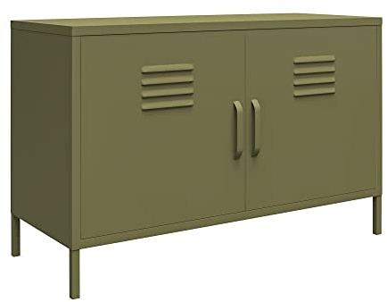 Bradford Metallschrank Olivgrün, 98 x 39 x 63 cm, Akzentschrank mit 2 Türen und 2 Regalböden, Sideboard im Spind-Design für Wohnzimmer, Flur, Büro und Home Office