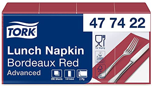 Tork 477422 bordeauxrote Lunchservietten 1/8 gefaltet / 2-lagige, vorgefaltete Papierservietten für Snacks & kleine Gerichte / Advanced Qualität / 10 x 200 (2000) Servietten / 32,6 x 33 cm (B x L)