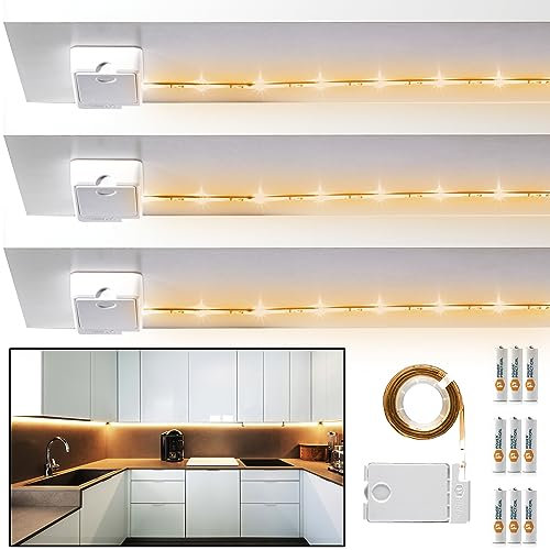 Luminoodle Click 3-Pack - Warm White 1 Meter Battery Powered Tap Light Strip for Closet, Pantry, LED Shelf Lighting - Wireless Adhesive String Push Li