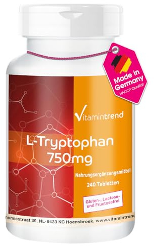 Vitamintrend L-Tryptophan 750 mg Tagesbedarf, 240 Tabletten, hochdosiert, Nahrungsergänzungsmittel, gluten-, laktose- und fructosefrei, in Deutschland hergestellt