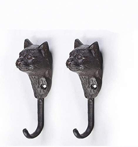 TentHome Antique Cast Iron Decor Hooks Home Garden Single Coat Hat Hook Owl/Octopus/Cat/Dog Head Wall Mounted Hanger 2pcs (cat-2)