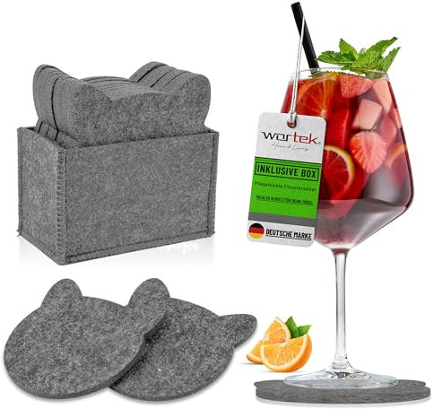 wortek Filz Untersetzer Gläser Grau in Katzenform– 10er Set mit Aufbewahrungsbox, Glasuntersetzer für Getränke, Tassen, Bar, Glas - Ø 10cm Tischuntersetzer Filzuntersetzer Gläser