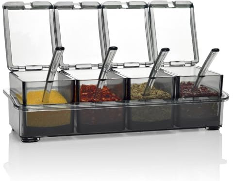 [ New Version ]Elegant Black Seasoning Box,V·RESOURCING 4 Pieces Seasoning Storage Container Cruet for Home Kitchen,Condiment Jars with Cover and Spoon for Pepper Spice Salt Sugar Storage