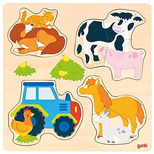 goki 57430 - Einlegepuzzle Bauernhoftiere aus Holz - 12 Teile