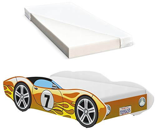 iGLOBAL Kinderbett Autobett Cars Bett Jugendbett Juniorbett Bett mit Lattenrost Stellage Schaumstoffmatratze 140 x 70 cm (Yellow)