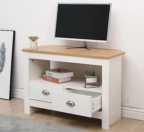 DONEWELL Living Room Furniture 2/3/4 Piece Set Lamp Table Sliding Top Coffee Table TV Stand Modern Simple Practical White+Oak/Grey+Oak (Corner TV Unit-White)