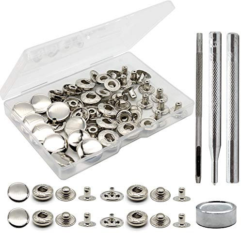 Raydodo Juego de 12 cierres de cuero a presión, kit de botones a presión de metal de 15 mm con 4 herramientas de instalación, remaches de cuero y broches para ropa, cuero, jeans, chaquetas, pulseras,