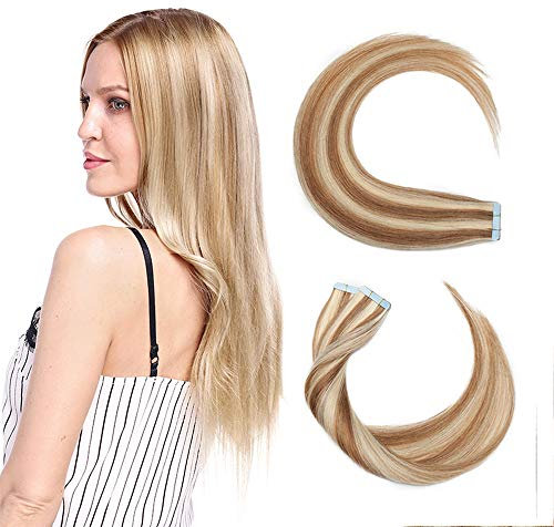 Elailite Tape Extensions Haarverlängerung - Invisible Tape Extensions Echthaar - Remy Real Human Hair - 20PCS Tape in Extensions - glatt - 30cm 20g #12/613 Goldbraun&Gebleichtes Blond