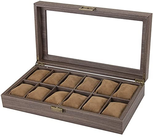 ACMHNC Uhrenkasten Herren Damen Uhrenbox mit 12 Fächer, PU Leder Uhrenkoffer Damen Herren Schmuckkasten Uhren Aufbewahrungsbox mit Transparent Glasdeckel