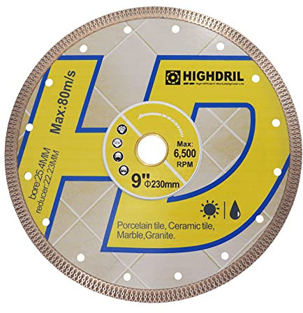 HIGHDRIL Lama diamantata per sega circolare, 230 mm, per piastrelle in porcellana, ceramica, granito, marmo, uso asciutto o umido, con maglia Turbo X