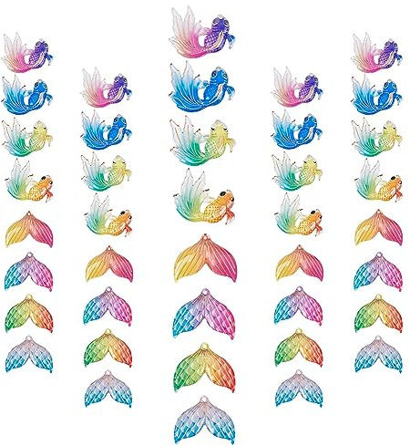SUNNYCLUE 48 Stück 8 Stile Goldfisch-Charms Bunte Fischschwanz-Anhänger Meerestier Fischschwanz-Meerjungfrau Transparenter Acryl-Goldener Bedruckter Charme Für DIY-Halsketten Zum Basteln