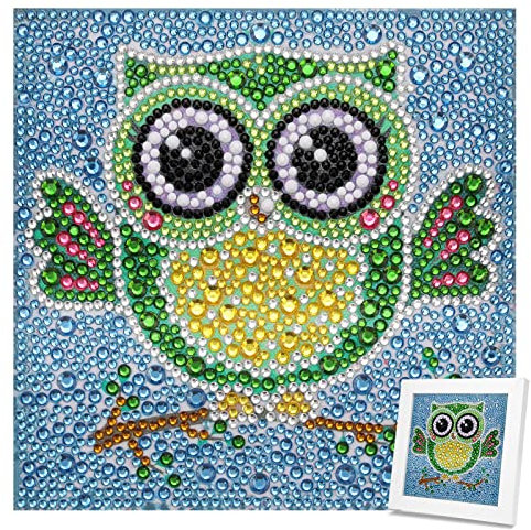 MWOOT DIY 5D Diamond Art Painting Kits for Kids, Full Drill Crystal Art Paint by Number Set, Round Rhinestone Cross Embroidery Art Pictures Crafts for Home Office Wall Decoration (15x15CM) - Owl