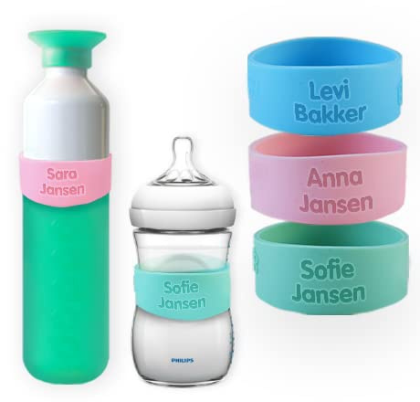 BIENMARQUER Etiquette Biberon personnalisée – Bracelet extensible avec prénom gravé pour identifier facilement biberons et gourdes – résistant, réutilisable et compatible stérilisateur