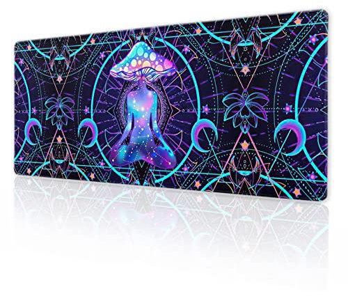 Magic Mushroom Gaming Mouse Pad XL Bohemian Mandala Chakra Yoga Meditation Boho Extended Large Desk Cover Big Table Mat Non-Slip Rubber Base Stitched Edge Long Keyboard Playmat,31.5×11.8 Inch