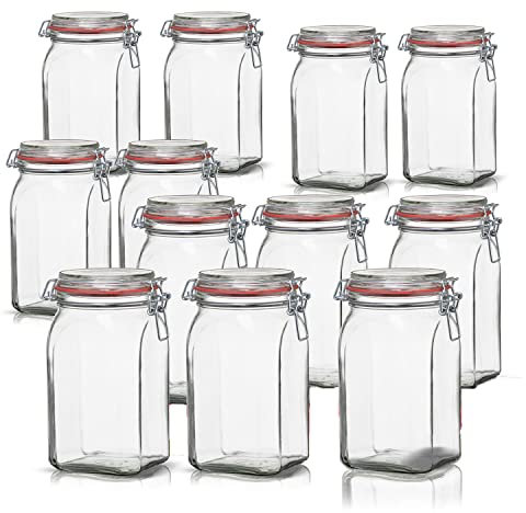 BigDean 12er Set Vorratsgläser 1,1L - Einmachgläser mit Deckel & Bügelverschluss - Made in Germany - Drahtbügelgläser zum luftdichten Aufbewahren, Einlegen & Einkochen - Glas, eckig