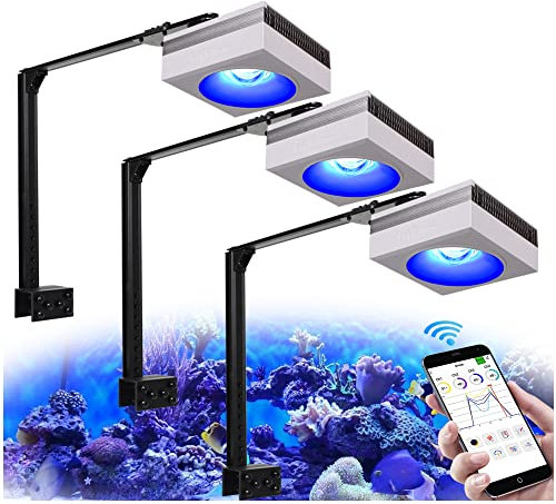 PopBloom RL90 WiFi Meerwasser LED 300W, Salzwasser LED Beleuchtung für Reef Coral Fish Wasserpflanzen Salzwasser Aquarium,APP unterstützt Deutsch (3 WiFi Lampen mit Armhalterung)