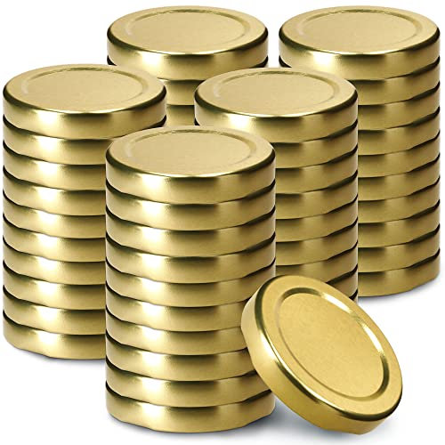 KADAX Lot de 50 couvercles à visser - Diamètre : 53 mm - En métal - Compatible avec les bocaux de 115 ml - Avec 4 dents d'encliquetage - Idéaux pour les bocaux de conservation - Doré