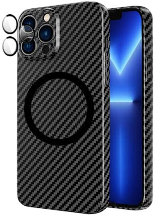 ICOVERI Carbon Hülle für iPhone 12 Pro, Magnethülle kompatibel mit Magsafe und Wireless Charger, Carbonfaser Hülle, Cover mit schwarzer Linsenschutzfolie (iPhone 12 Pro)