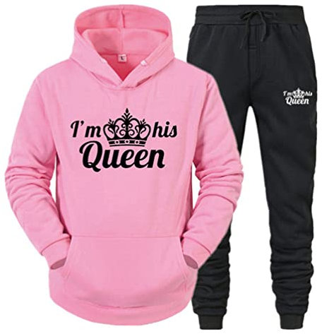 Minetom Pärchen Sportanzug King Queen Pullover Kapuzenpullover Hoodie Valentinstag Liebespaar Couple Jogginganzug Freizeitanzug Oberteile und Hose Set für Paare Rosa Queen M