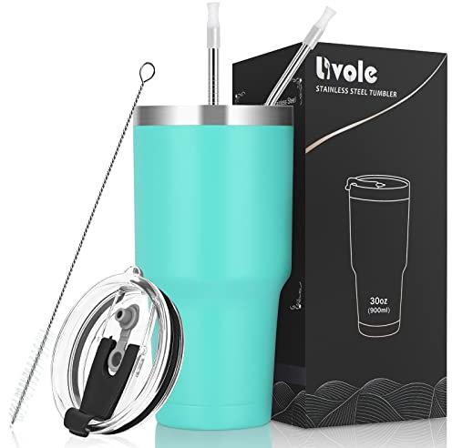 Livole 30oz 900ml Trinkbecher für Männer, Frauen, Thermobecher Kaffee to go, Camping Tasse, Doppelwandiger Edelstahl Becher mit Strohhalm, Isolierter Vakuum Kaffeebecher, Reisebecher, Türkis