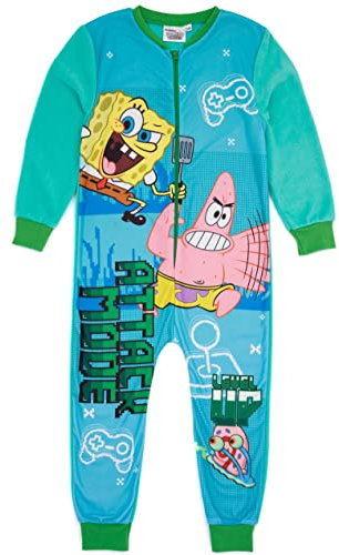 SPONGEBOB SQUAREPANTS Jungen Gamer Blue Onesie | All-in-One-Gaming-Fleece-Loungewear | Kinder-Pyjama-Pyjama-Schlafanzug-Nachtwäsche | Gemütliche Geschenkartikel – 9–10 Jahre