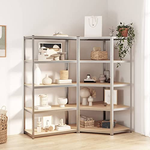 ZEYUAN Regale mit 5 Böden 2 STK Wohnzimmer Regal, Keller Regal, Lagerregal, Aufbewahrung Garage, Haushaltsregal, Bücherregal, Standregal, Silbern Stahl & Holzwerkstoff