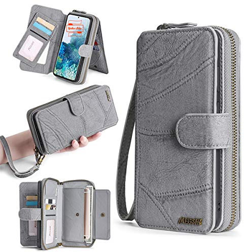 Yidai-Silu 2 in 1 Hülle für Galaxy A14 Leder Schutzhülle 【Abnehmbar, Mutil-Funktion, Drehbar Kartenfach】 Magnet Handyhülle Kunstleder Flip Case Geldbeutel für Samsung Galaxy A14 - Grau