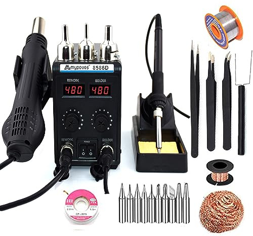 MYPOUOS 8586D Soldering Station, 110V, 2 in 1 LCD Display, Dual Digital Display, SMD Display, Heat Gun and Soldering Iron, 750W
