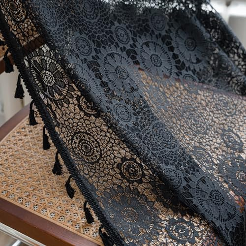WAZZIO Boho Mandala Spitze Vorhänge mit Quaste Stangentasche Schwarz 84 Zoll Lang Lichtfilterung Privatsphäre Panel für Schlafzimmer Wohnzimmer Häkeln
