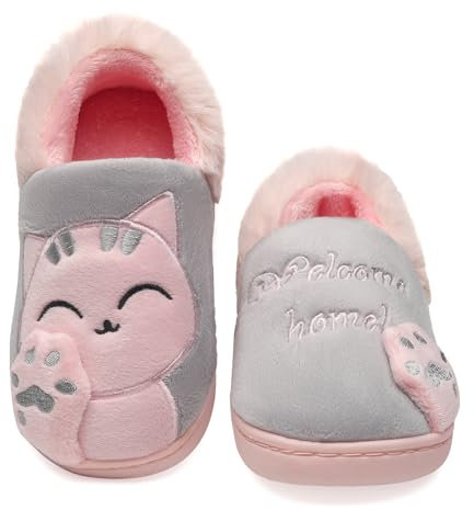 Vunavueya Mädchen Winter Hausschuhe Jungen Plüsch Pantoffeln Warme gefüttert Pantoletten Kinder Weich Bequem Slipper Schuhe Grau 26/27 EU/200CN